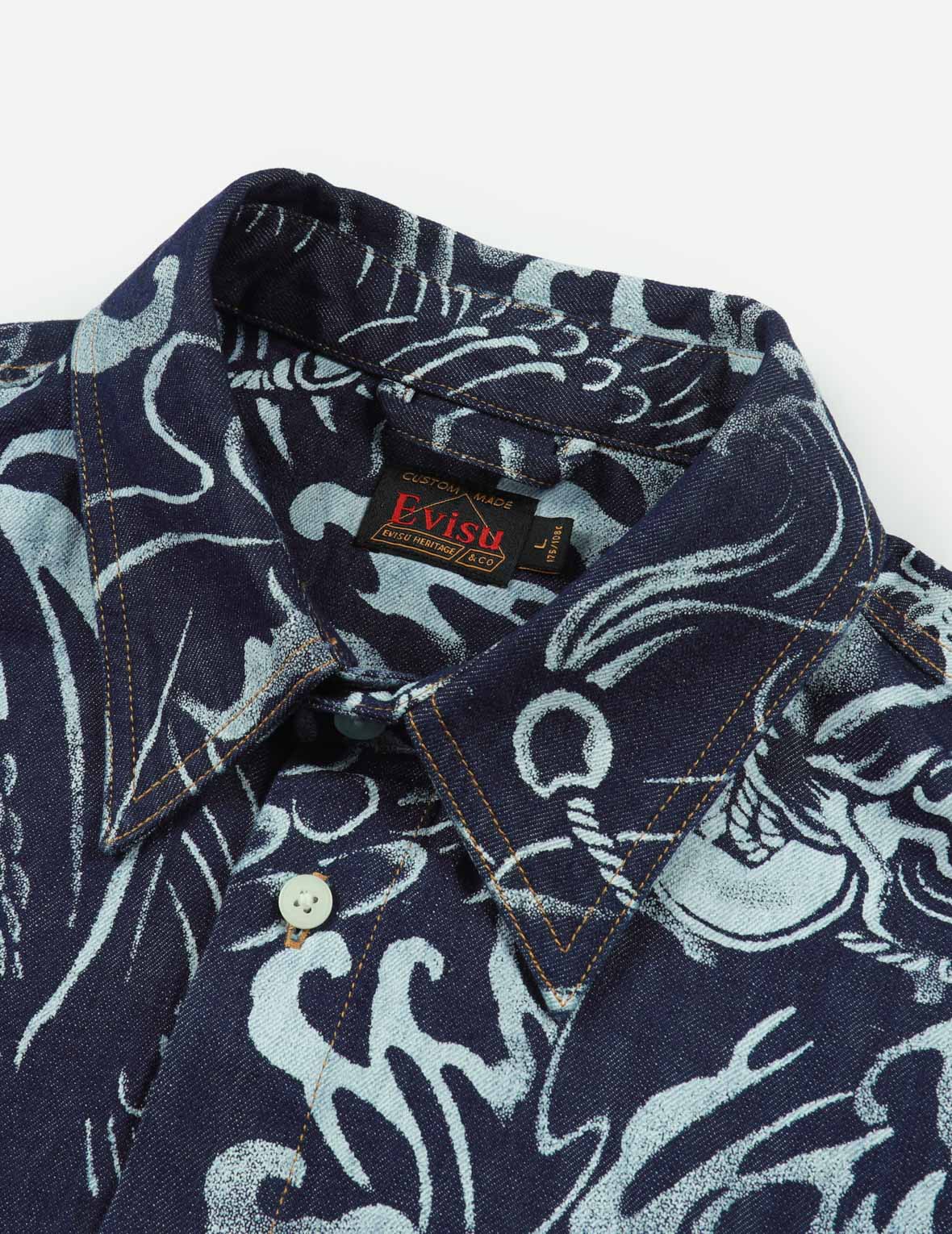Allover Seagull and Carp Extracted Print Loose Fit Denim Shirt