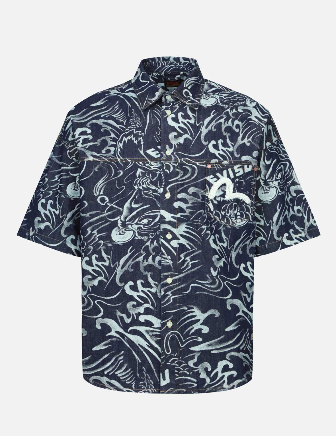 Allover Seagull and Carp Extracted Print Loose Fit Denim Shirt