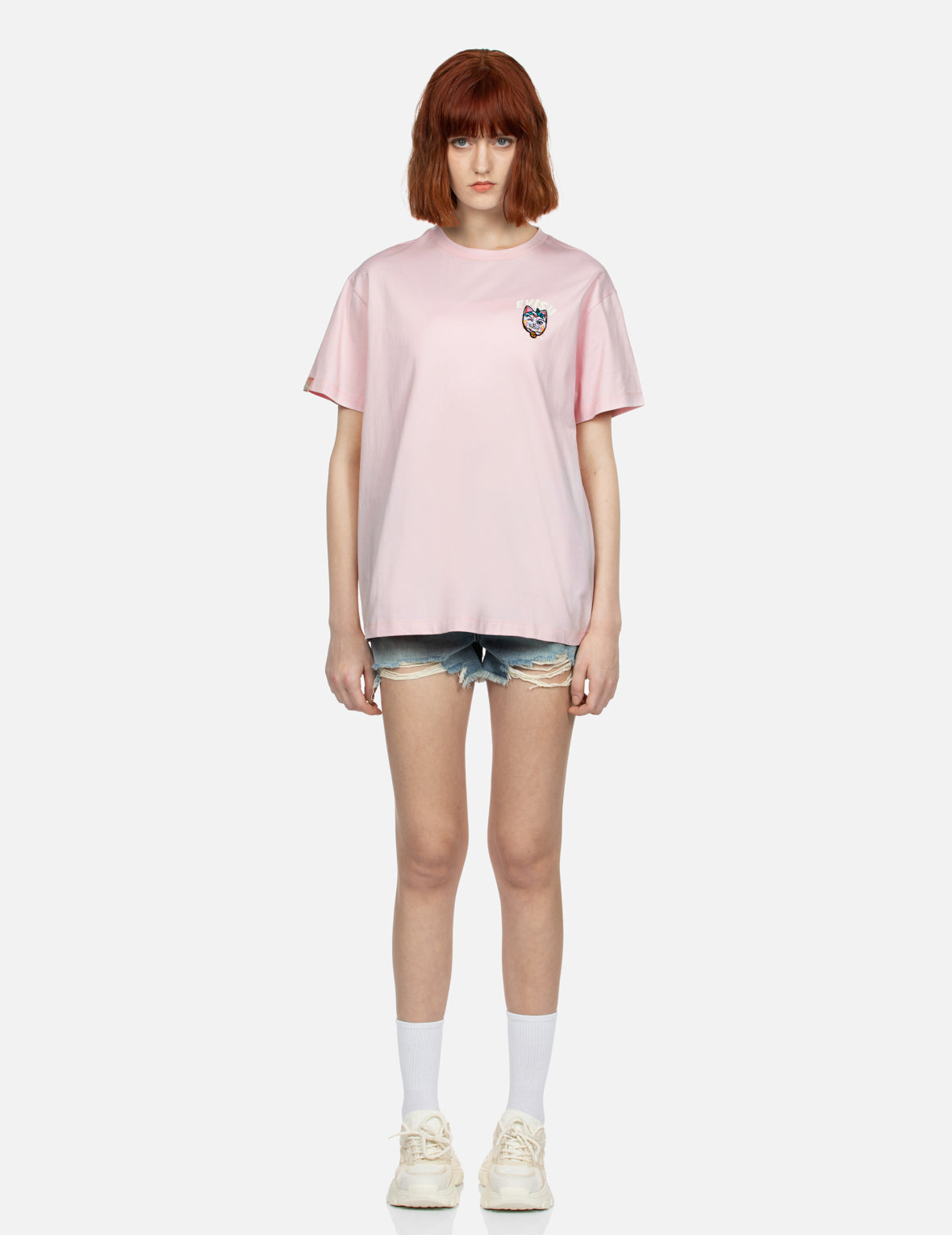 Logo Print and Fortune Cat Embroidery Badge Boyfriend T-shirt